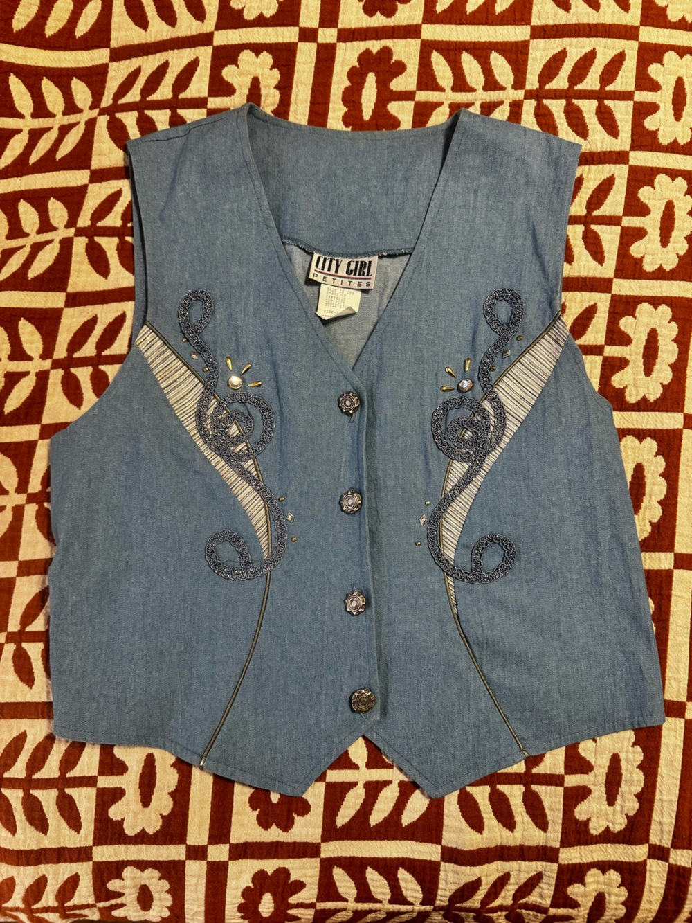 City Girl Petites Vintage Embroidered & Embellished Denim Button-Up Vest